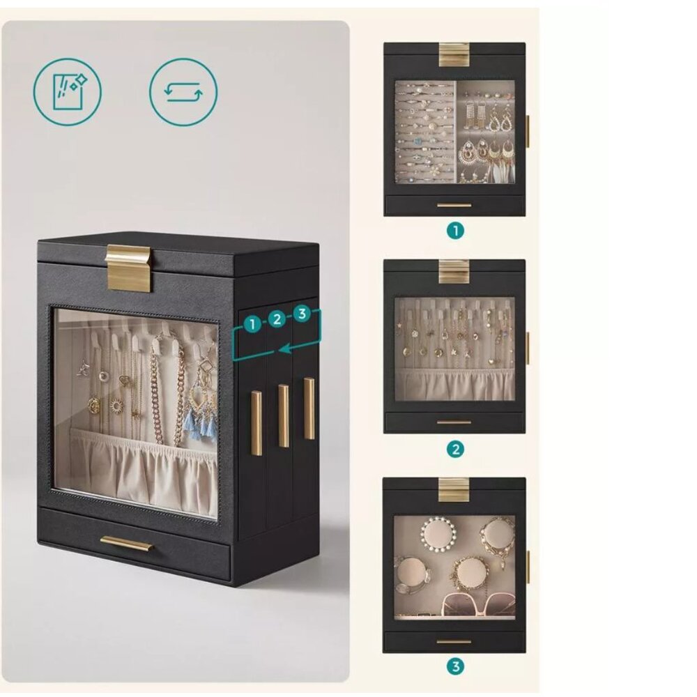 5-Layer Jewelry Box with Large Mirror, Modern Jewelry Organizer with 3 Side Draw - Picture 2 of 9